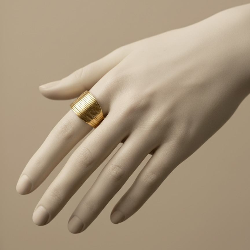 Wide gold ring with geometric basket weave texture standing on white surface.