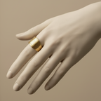 Wide gold ring with geometric basket weave texture standing on white surface.