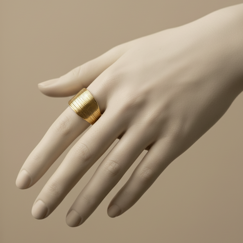 Wide gold ring with geometric basket weave texture standing on white surface.