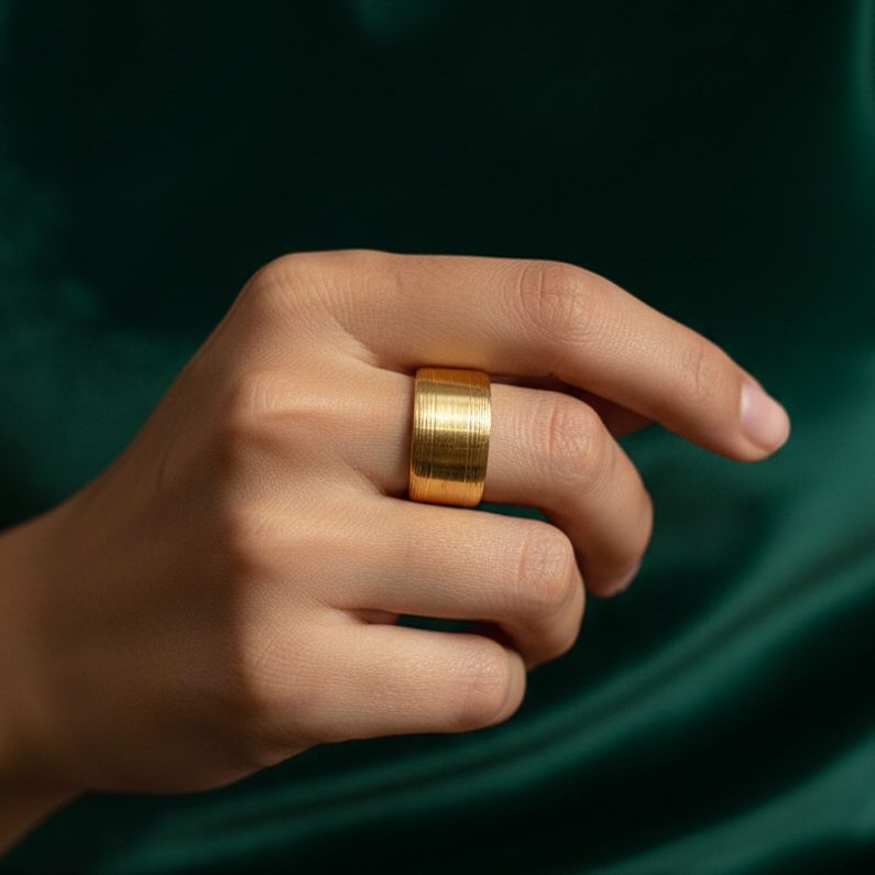 Wide gold ring with geometric basket weave texture standing on white surface.