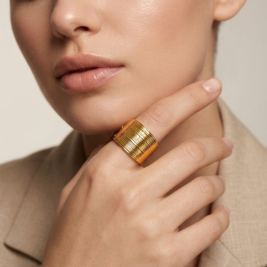 A person wearing a 18kt gold plated ring on a neutral background