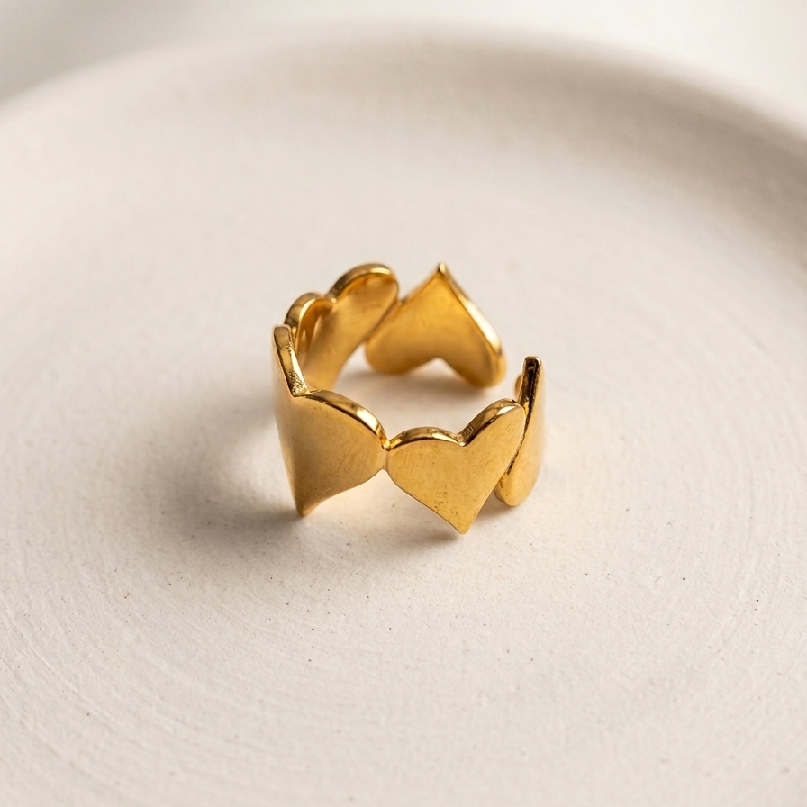 18kt gold plated heart shaped ring on a light beige background