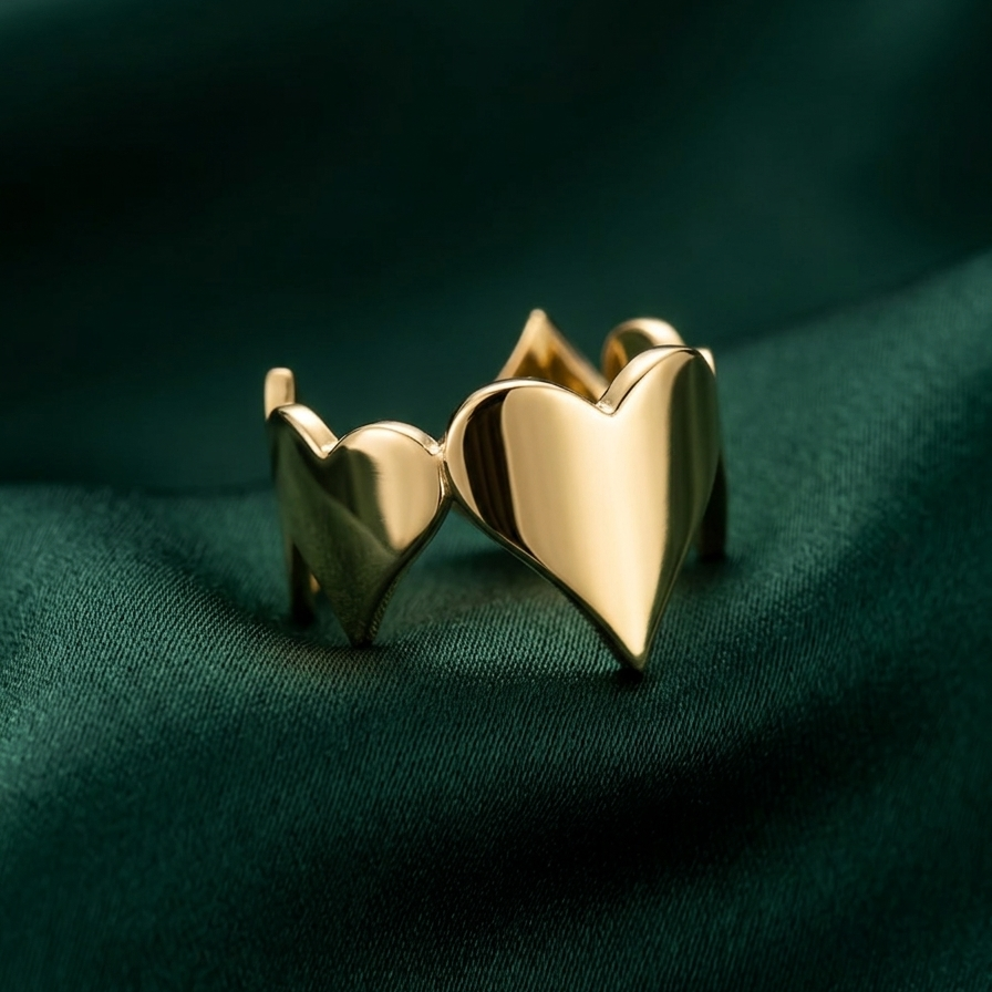 18kt gold plated heart-shaped ring on a green fabric background