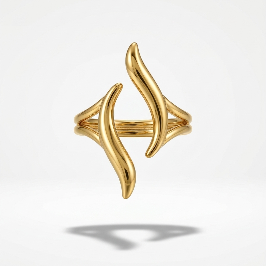 18kt gold plated ring with a unique wavy design floating on a light gray background