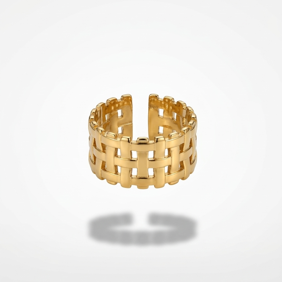 18kt gold plated woven mesh design ring floated on a white background