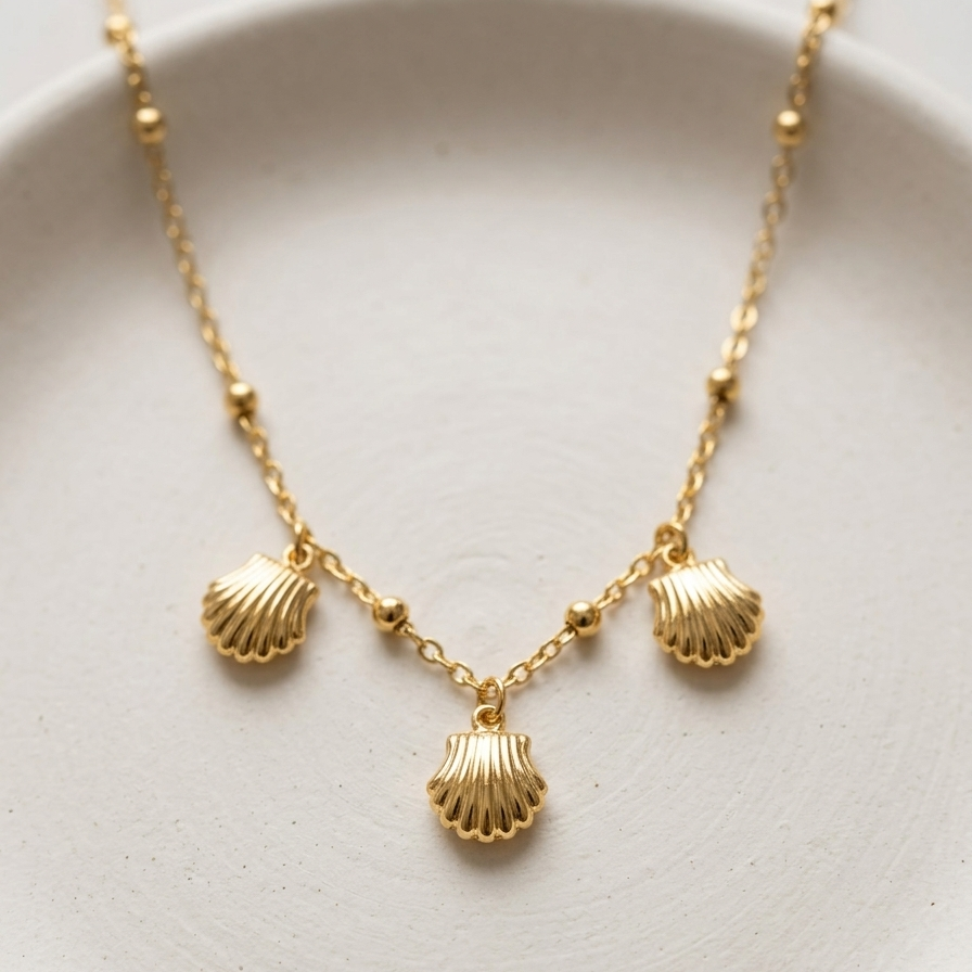 18kt gold plated shell charm necklace with three scallop shells on beaded chain on a white background.