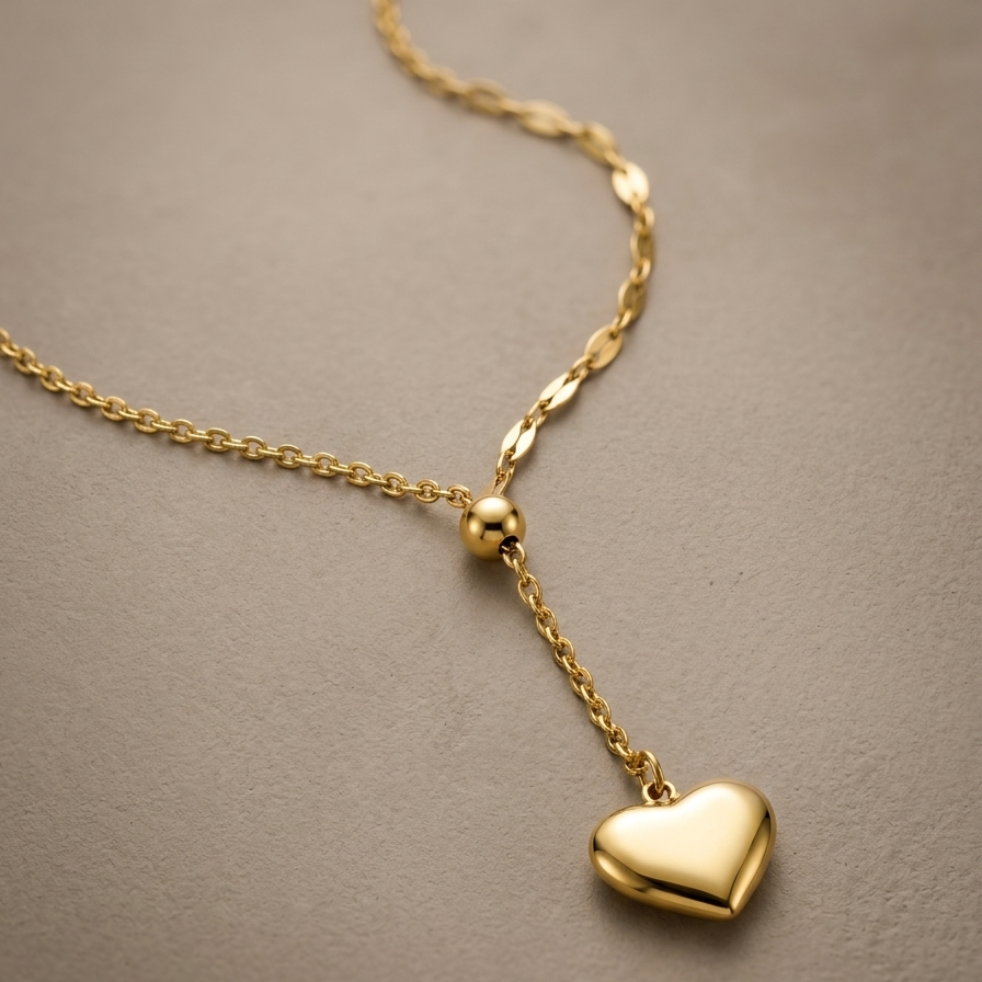 18kt gold plated sweetheart lariant necklace on a beige background.