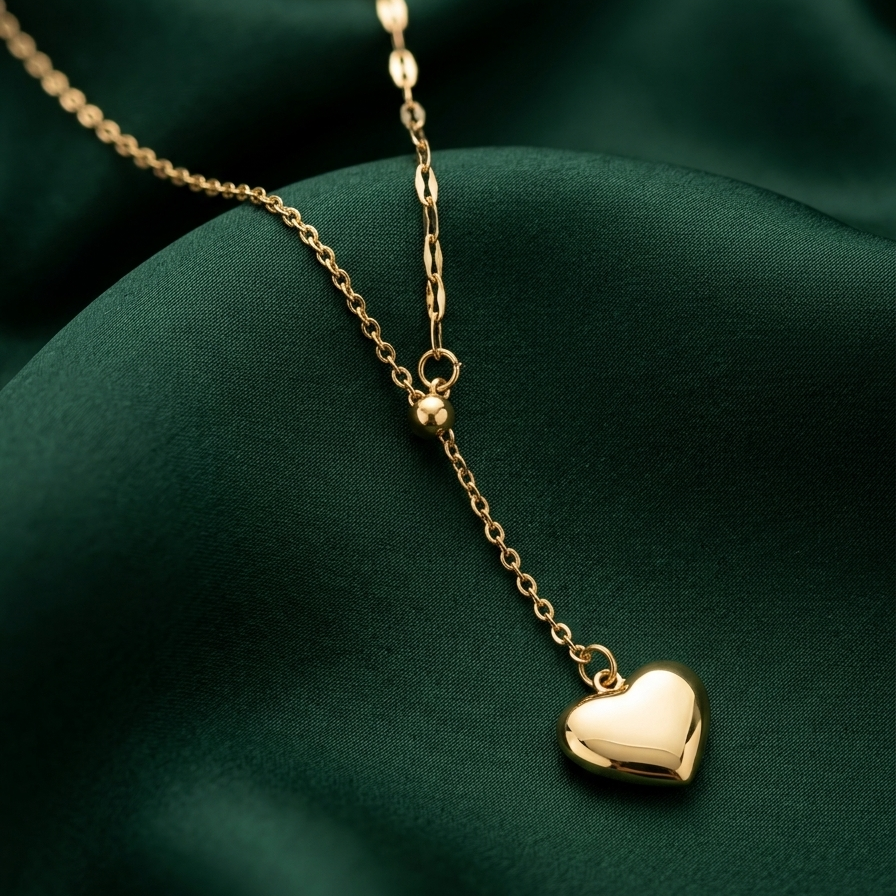18kt gold plated heart-shaped pendant necklace on a green fabric background.