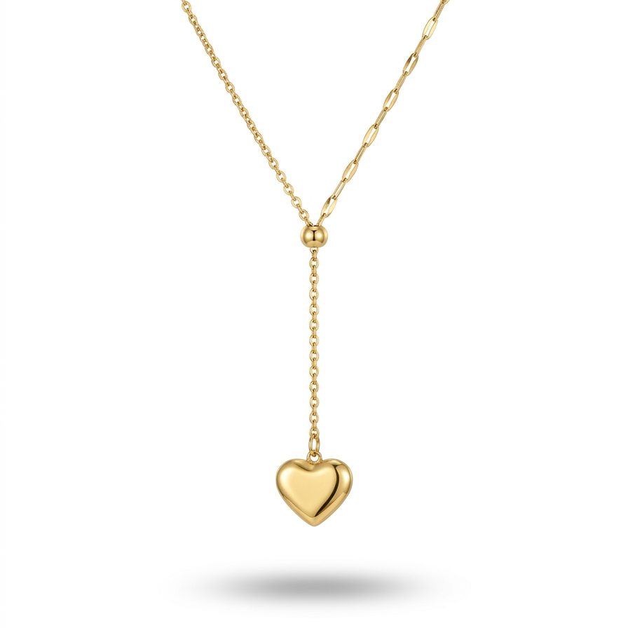 18kt gold plated necklace with a heart-shaped pendant floating on a white background.