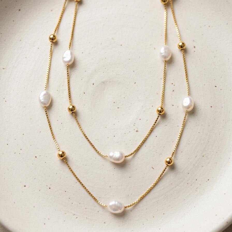 18kt gold plated necklace with pearls and beads on a speckled ceramic plate.