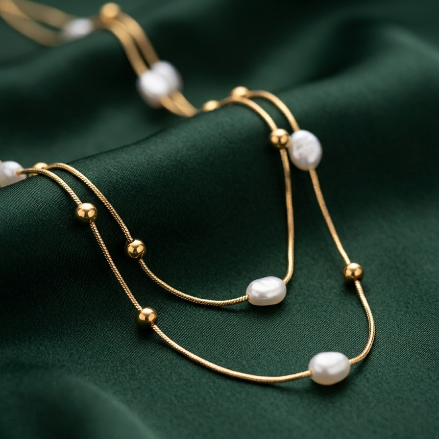 18kt gold plated layered necklace with pearls and beads on a green fabric background.