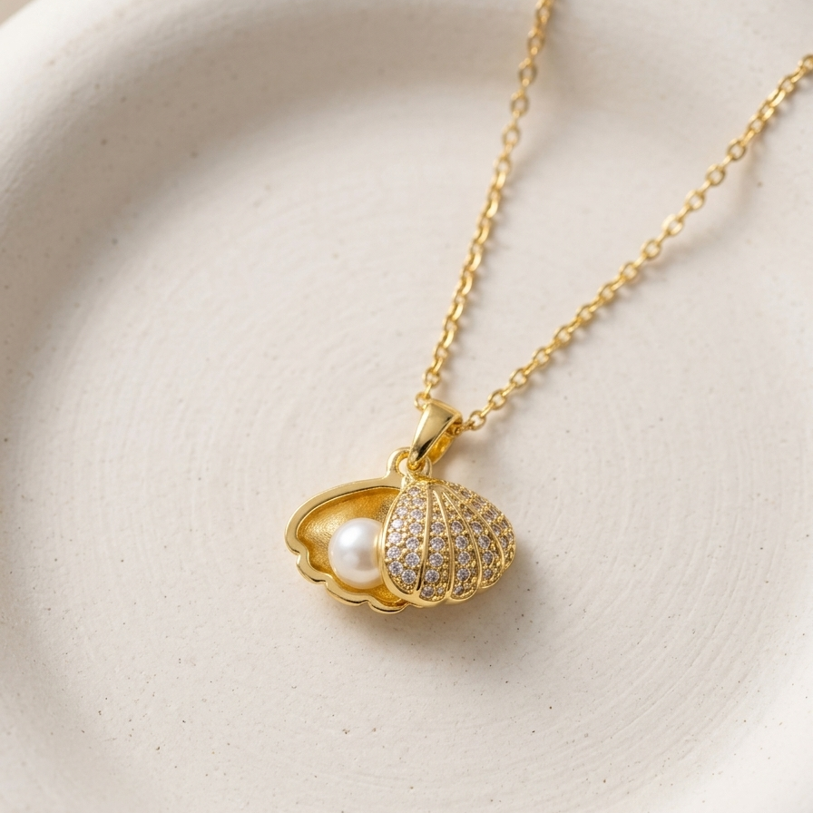 18kt gold plated shell locket necklace opened to reveal pearl inside on a neutral background.