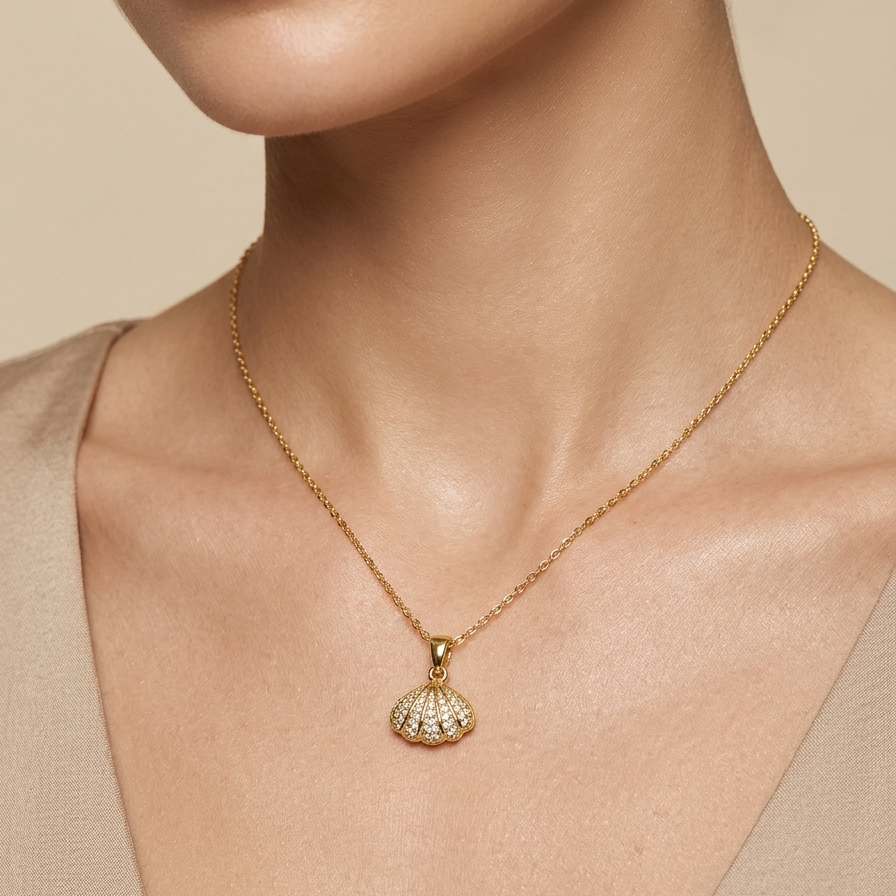 18kt gold plated necklace with a shell and pearl pendant worn by a person against a neutral background.