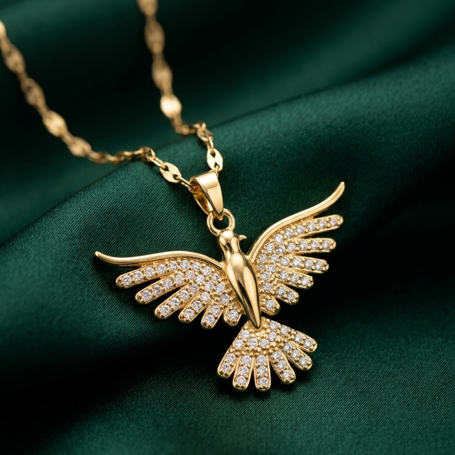 18kt gold plated crystal bird-shaped pendant necklace on a green fabric background.