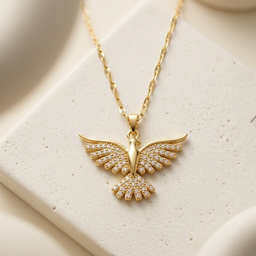 18kt gold plated crystal bird pendant necklace on a light stone surface.