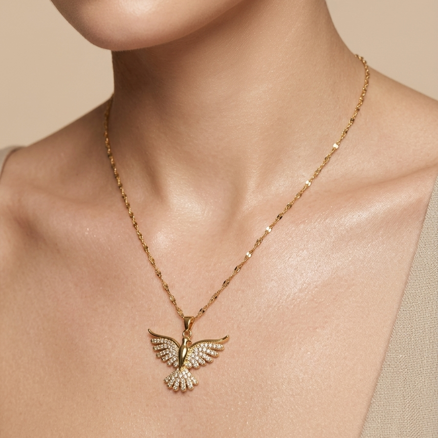 18kt gold plated necklace with a crystal bird pendant wearing  a model against a beige background.