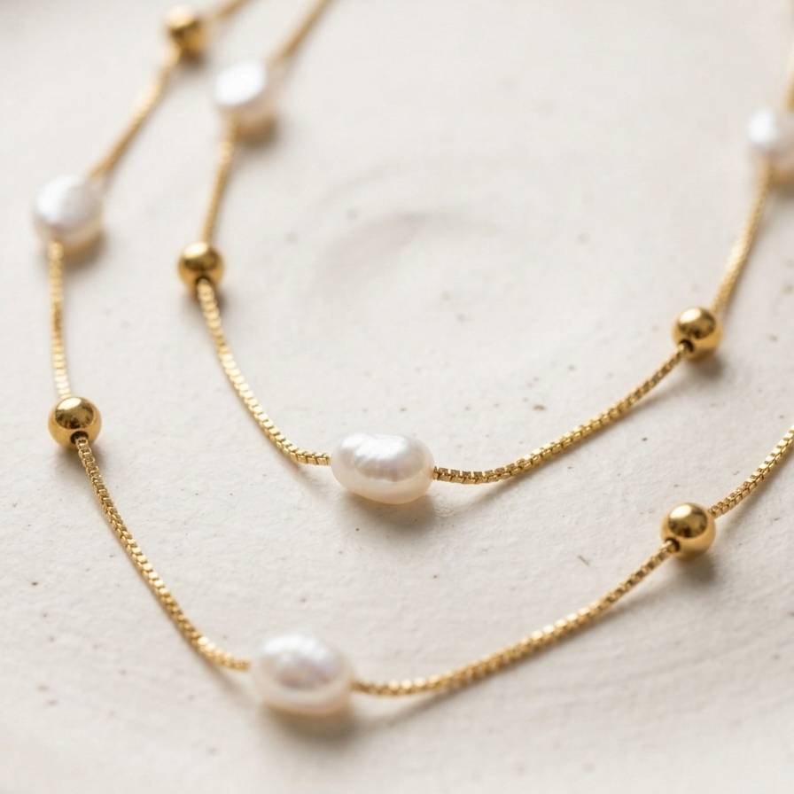 Layered 18kt gold plated necklace with pearls and beads on a beige surface.