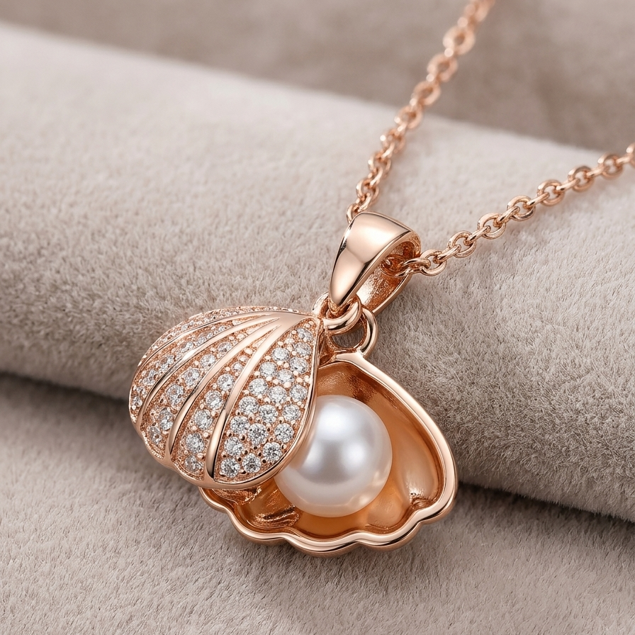 Close-up of rose gold necklace with a shell pendant and pearl on a beige surface.