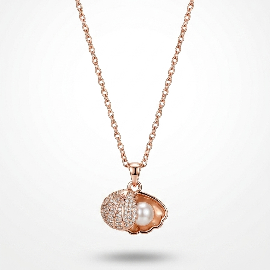 Rose gold necklace with a shell pendant featuring a pearl floating on a white background.
