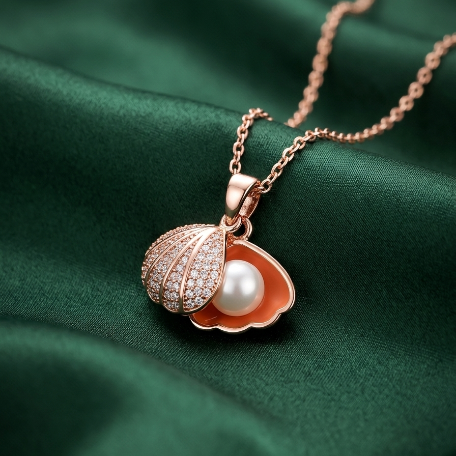 Rose gold necklace with a hidden pearl shell locket on a green fabric background.