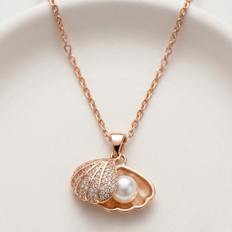 Rose gold necklace with a shell and pearl pendant on a white background.