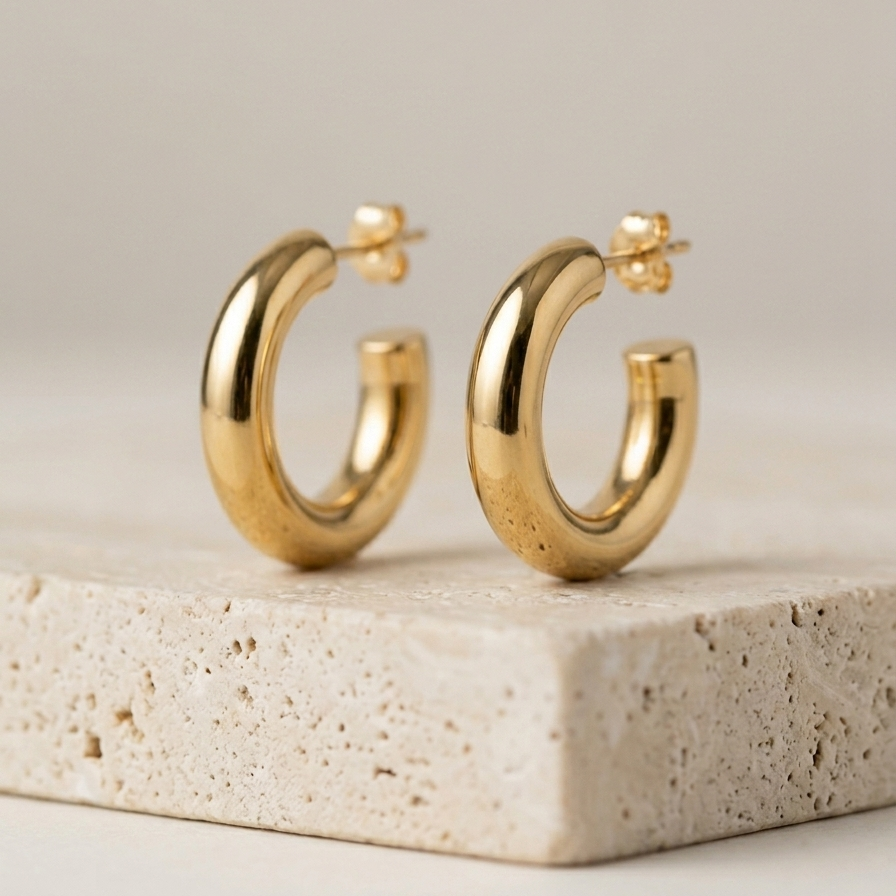 A close-up of 18kt gold plated classic everyday tube hoop earrings on beige stone.
