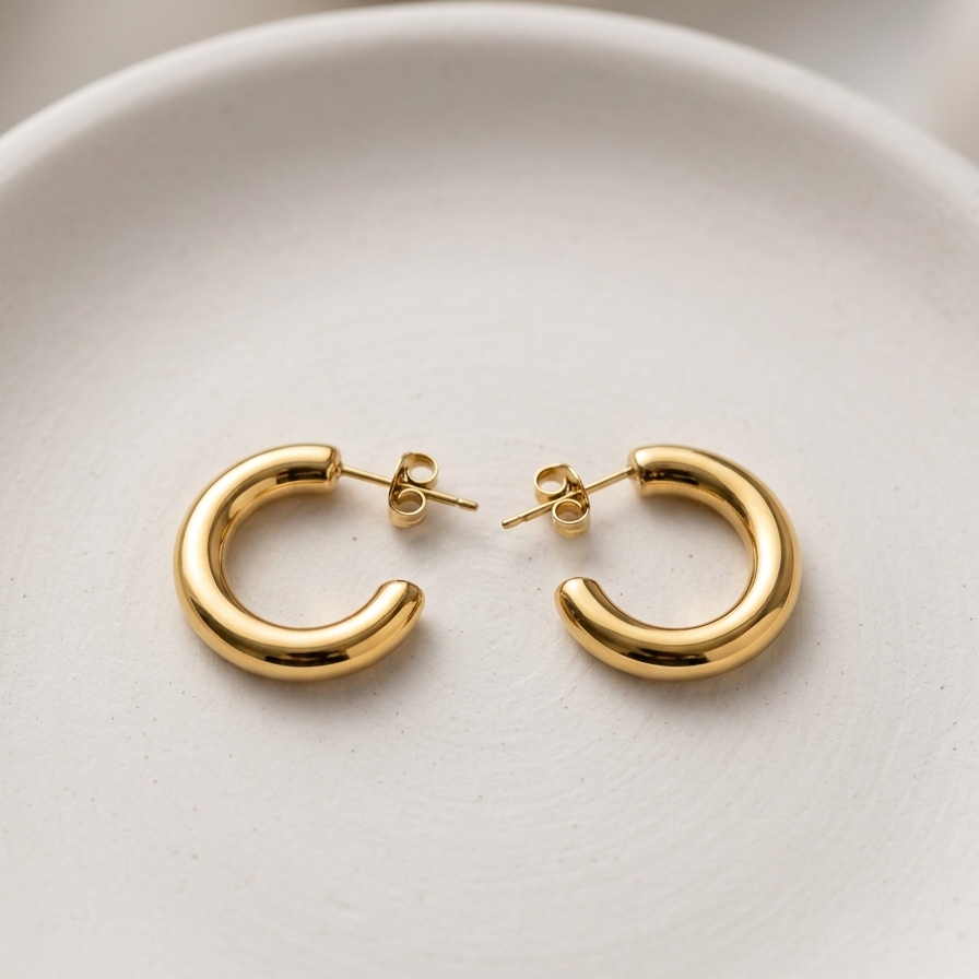 18kt gold plated classic everyday tube hoops on white stone plate.