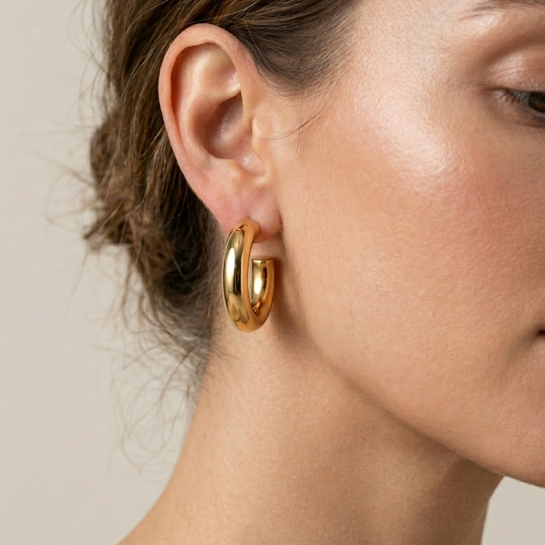 A model worn 18kt gold plated classic tube hoops on her ear.