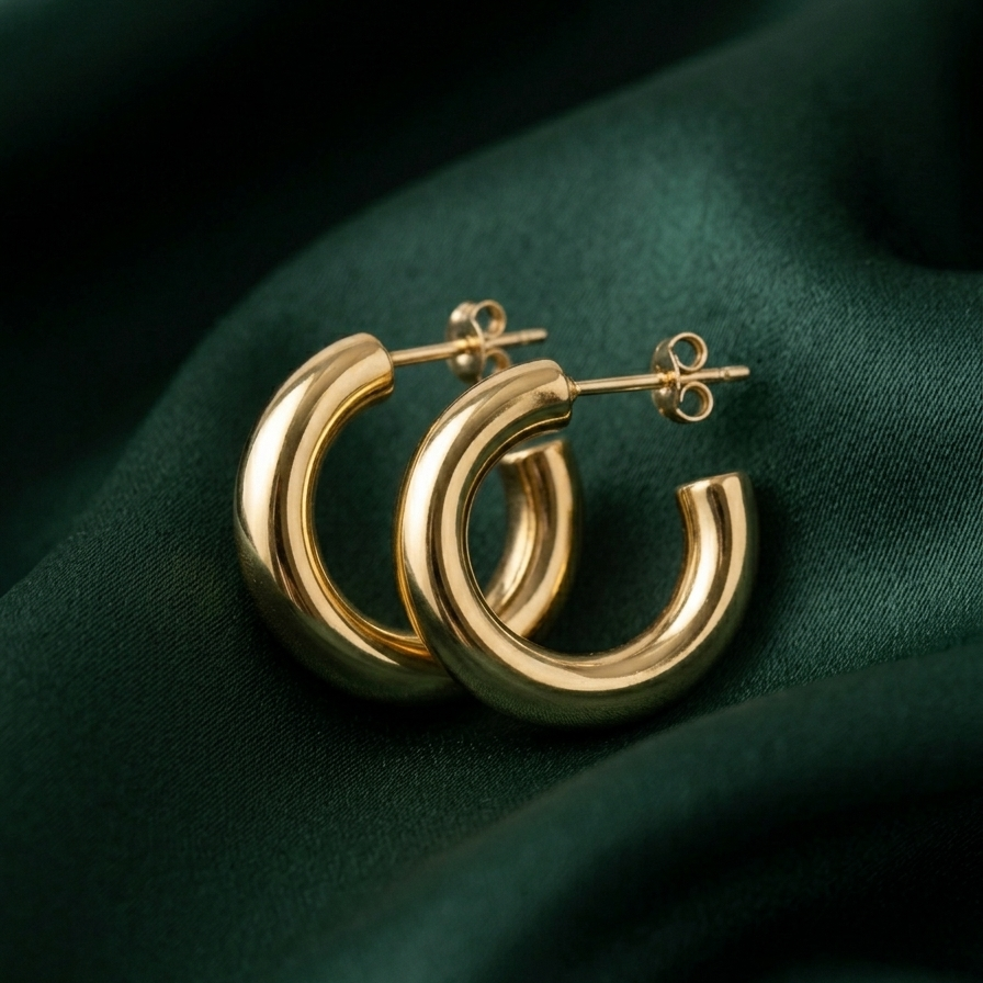 18kt gold plated classic everyday tube hoops resting on a geen fabric.