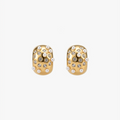 18kt gold plated, anti-tarnish huggie earrings with embedded white pearls and crystals floating on white background.