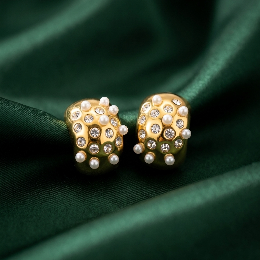 18kt gold plated, waterproof pearl crystal galaxy hoops resting on smooth green fabric.