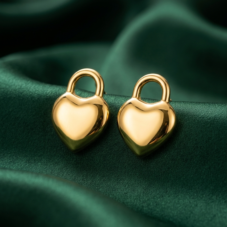 18kt gold plated, waterproof puffy heart lock studs resting on smooth green fabric.