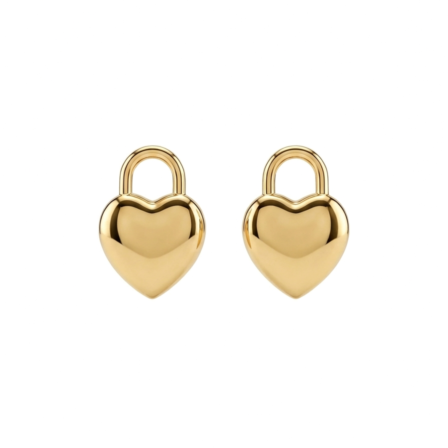18kt gold plated, anti-tarnish puffy heart lock studs floating on white background. 