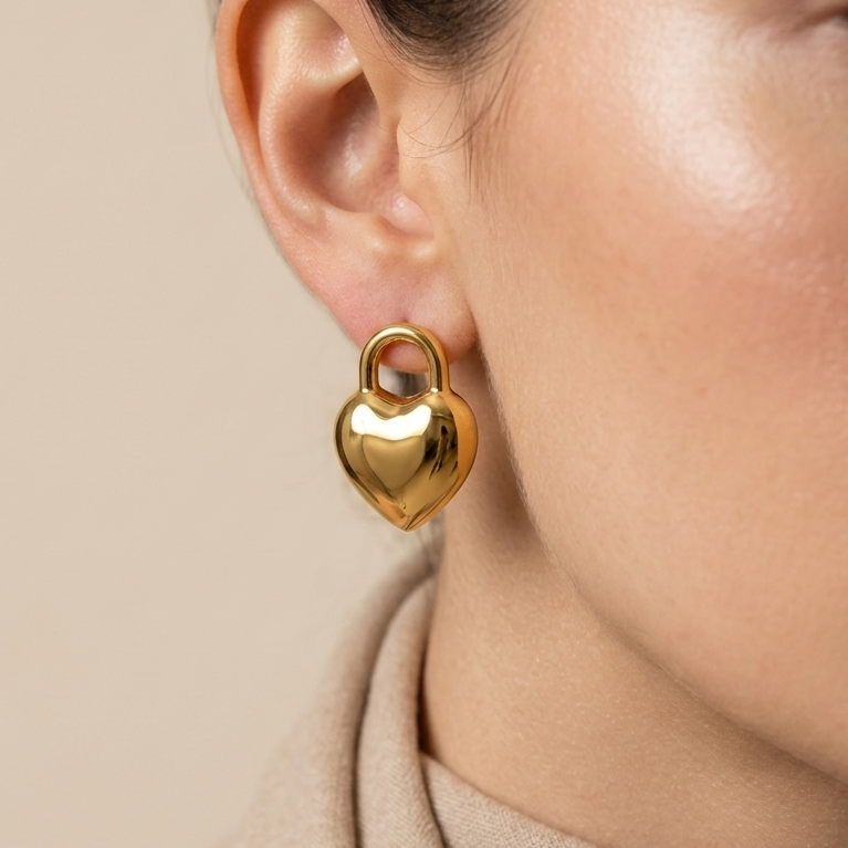 A model worn 18kt gold plated, anti-tarnish puffy heart lock studs on her ear.