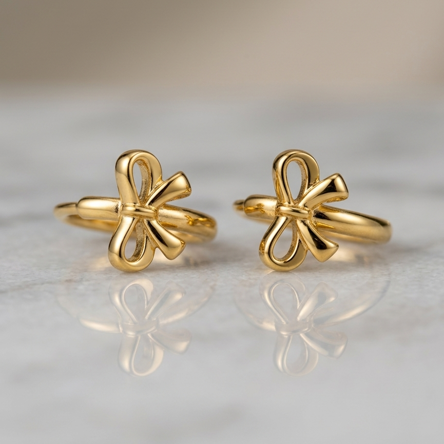 A close-up of 18kt gold plated ribbon bow huggies on neutral background.
