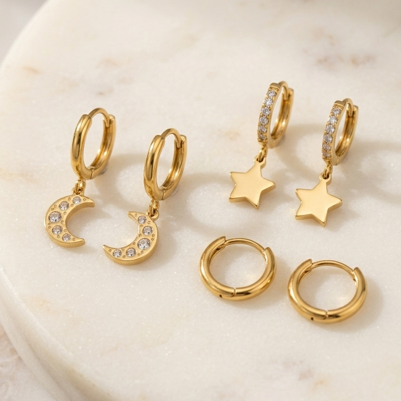 A close-up of 18kt gold plated celestial trio earring set on beige-white stone.