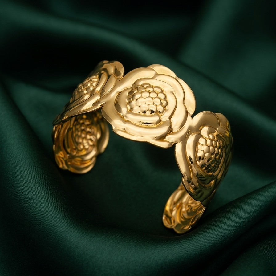 Wide 18kt gold plated, anti-tarnish cuff bracelet with sculpted camellia flower design on smooth dark green fabric.