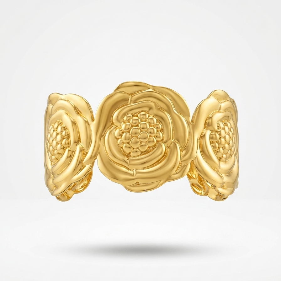 18kt gold plated, waterproof the royal camellia garden cuff bracelet floating on white background.