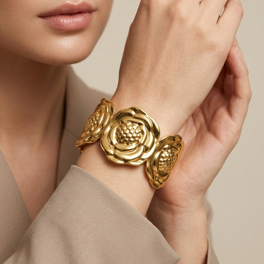 A model worn 18kt gold plated, waterproof the royal camellia garden cuff bracelet against neutral background.
