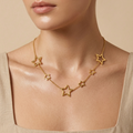 A model wear's 18kt gold plated celestial star station necklace.