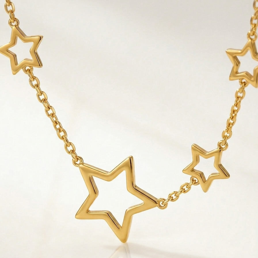 A close-up photo of celestial star station necklace on white background.