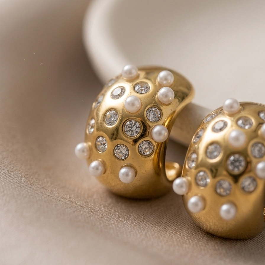 A close-up of 18kt gold plated, waterproof pearl crystal galaxy hoops resting on plate with beige background.