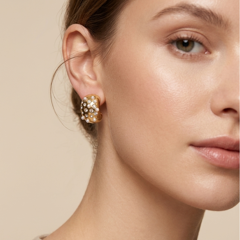 A model worn 18kt gold plated, anti-tarnish hoops with embedded white pearls and crystals on her ear.