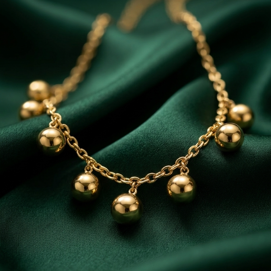18kt gold plated necklace with spherical beads on a green fabric background.
