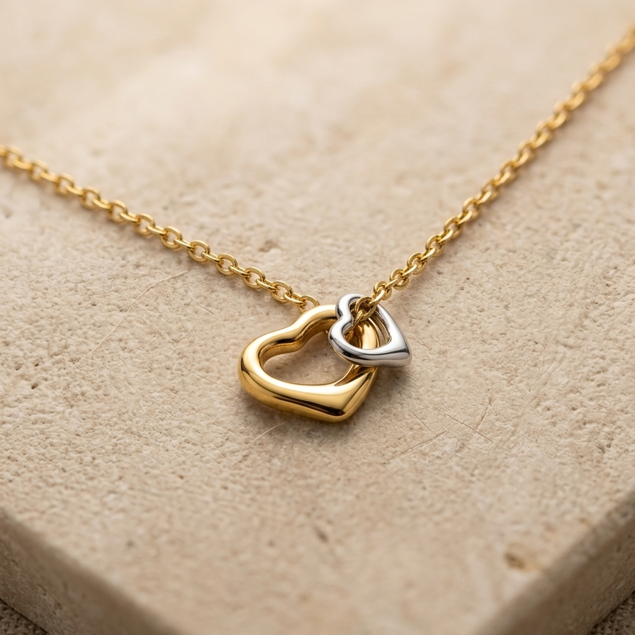 Gold necklace with a heart-shaped pendant on a beige stone surface