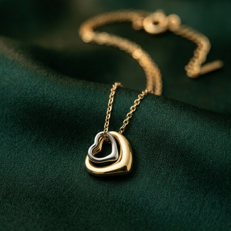 Gold necklace with a heart-shaped pendant on a green fabric background