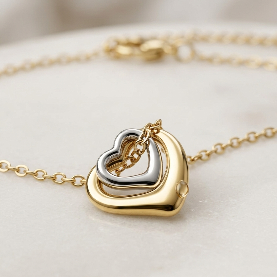 Gold and silver heart-shaped necklace on a marble surface