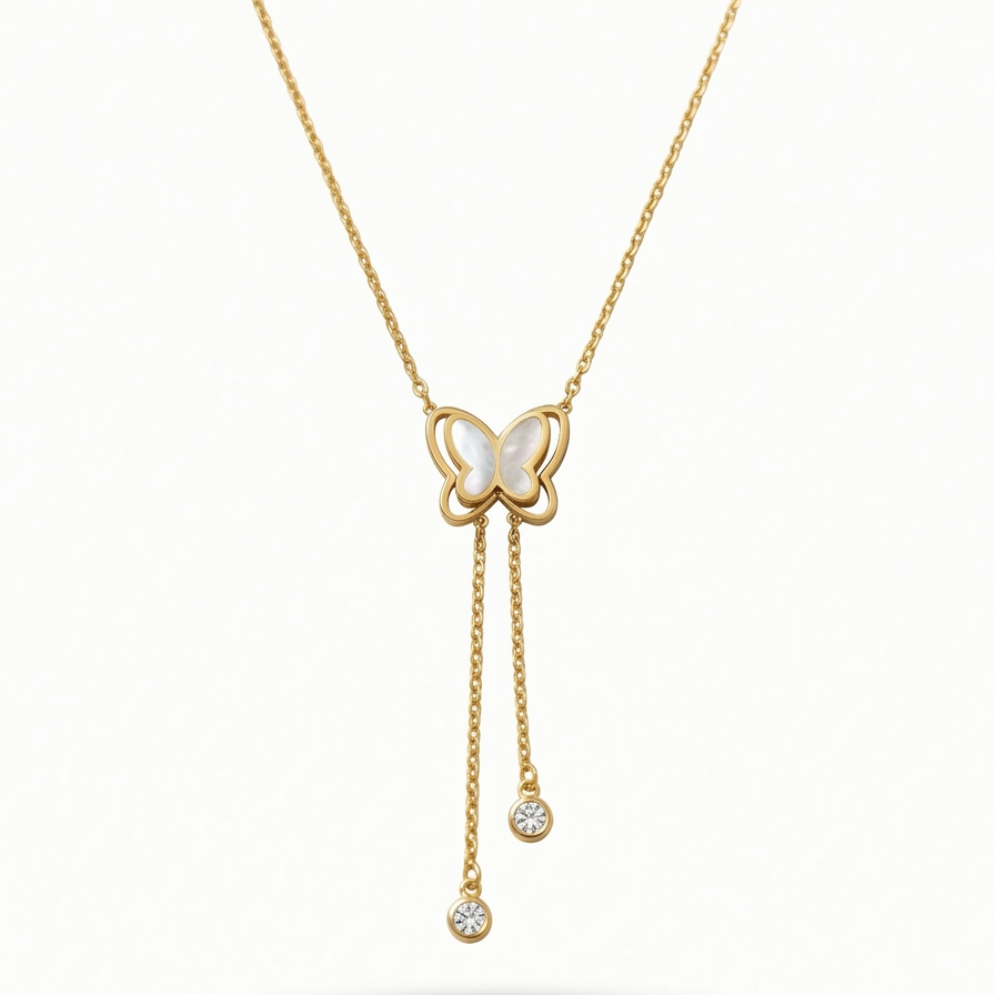 18kt gold plated butterfly necklace with dangling tassels floating on white background.