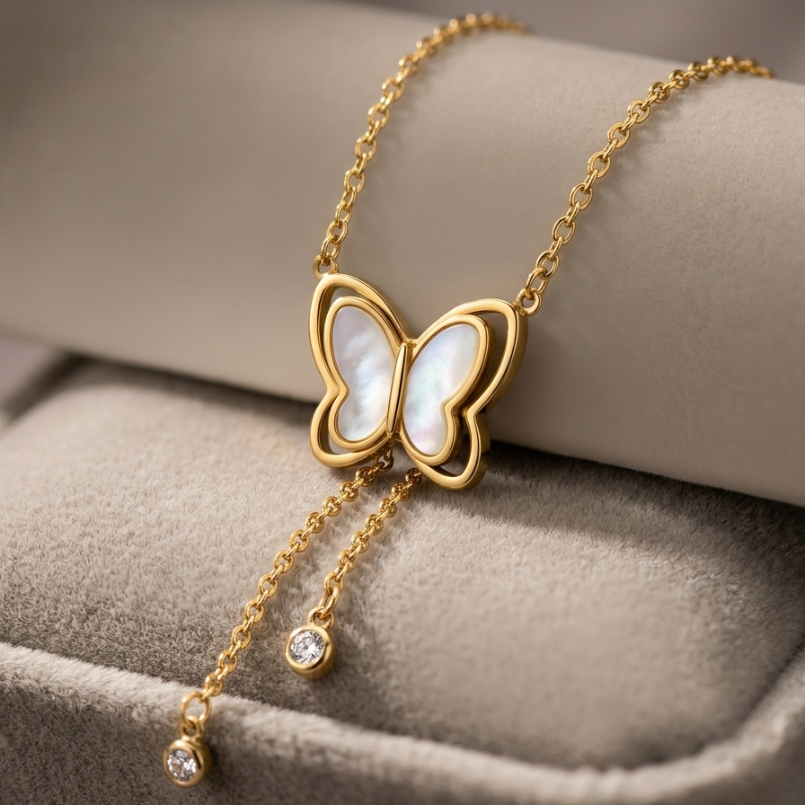 a close-up photo of 18kt gold plated butterfly necklace with dangling tassels.