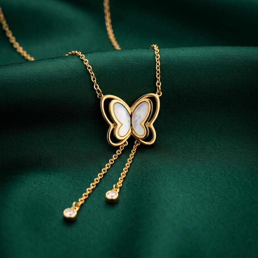 18kt gold plated butterfly necklace with dangling tassels on green fabric.